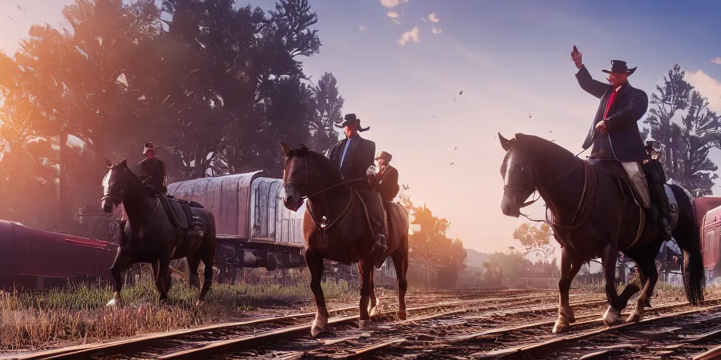 Image similar to Donald Trump from Red Dead Redemption 2 riding a horse next to a train, wide shot, ray tracing, 8k by artgerm and greg rutkowski