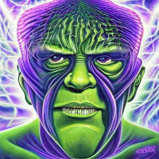 Prompt: the incredible hulk becomes a fractal, painted by alex grey. psychedelic visionary art