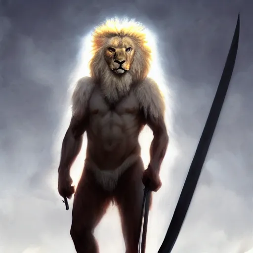 Image similar to commission of a male anthropomorphic albino lion holding a sword,digital art,art by greg rutkowski,trevor henderson,ross tran,photorealistic,hyperdetailes,highly realistic,natural lighting,deviantart,artstation,dramatic,cinematic,4k,western comic style,the sky is red,sharp lineart,hard shadows