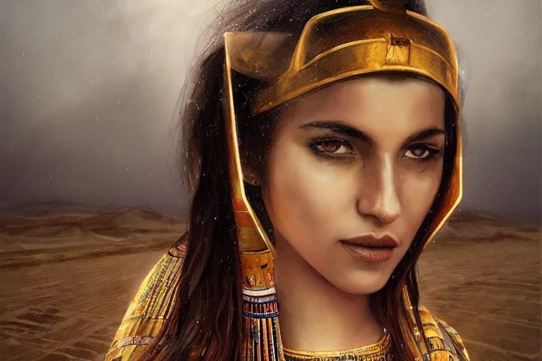 Image similar to a cinematic portrait painting of a beautiful girl wearing egyptian clothing stood on a pyramid overlooking a vast dystopian desert landscape with a river, rainy day, beautiful lighting, depth, accurate details, by marco mazzoni