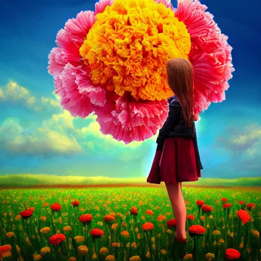 Image similar to head made of carnations flower, girl standing in the middle of a flower field, surreal photography, sunrise dramatic light, impressionist painting, colorful clouds, digital painting, artstation, simon stalenhag, flower face