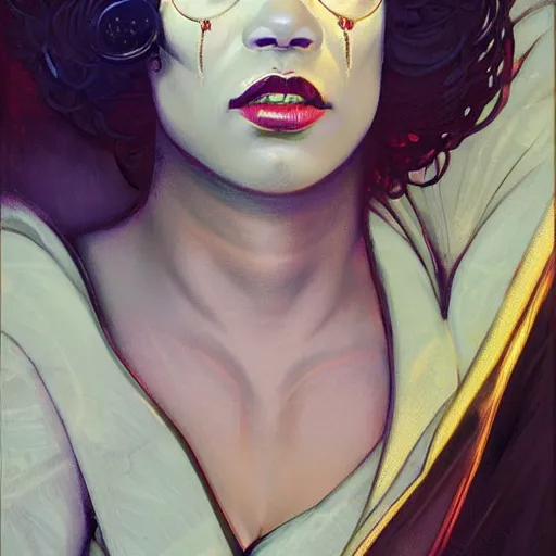 Image similar to cyberpunk fat oprah winfrey head domme mistress, full body, dominatrix, tribal, smooth white tight clothes suit, ornate, very beautiful, concept art, realistic painting, androgynous, afrofuturism, daz 3 d, cinematic, cgsociety, digital art by greg rutkowski, by alphonse mucha,