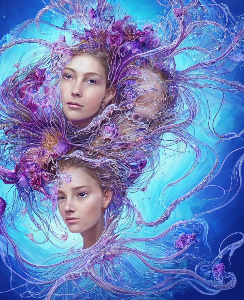 Image similar to close-up portrait of the face of a beautiful princess, surrounded by intricate twisted flowers orchid jellyfish and energy flow, water and plasma flow splashes, epic angle and pose, symmetrical artwork, 3d with depth of field, blurred background, floating jellyfish skull phoenix bird, translucent, nautilus, energy flows of water and fire. a highly detailed epic cinematic concept art CG render. made in Maya, Blender and Photoshop, octane render, excellent composition, cinematic dystopian brutalist atmosphere, dynamic dramatic cinematic lighting, aesthetic, very inspirational, arthouse. y Greg Rutkowski, Ilya Kuvshinov, WLOP, Stanley Artgerm Lau, Ruan Jia and Fenghua Zhong