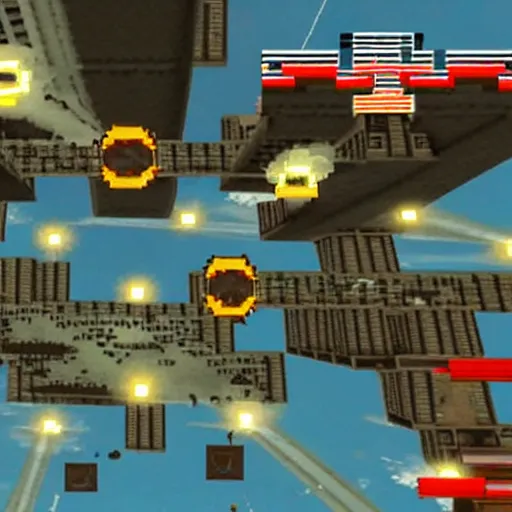 Prompt: a screenshot from the video game super 9 / 1 1, in which players control planes and intend to hit as many towers as possible, multiplayer party game, video game screenshot