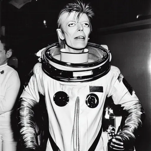 Prompt: David Bowie wearing a spacesuit at a party. Candid photo, flash, 1966, 35mm, by Andy Warhol.