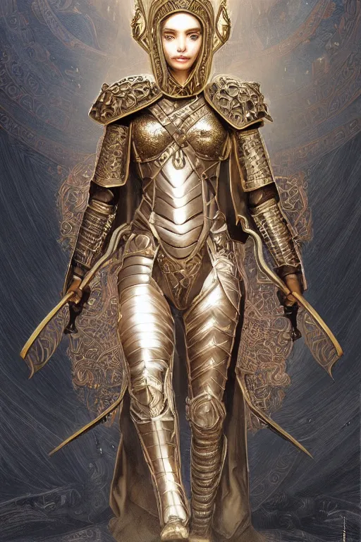 Prompt: attractive young female warrior, ornate metallic helmet, battle armor, olive skin, long dark hair, beautiful bone structure, symmetrical facial features, goddess-like, intricate, elegant, highly detailed, digital painting, artstation, concept art, smooth, sharp focus, illustration, art by artgerm and greg rutkowski and alphonse mucha