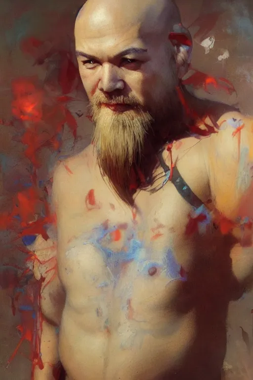 Prompt: beautiful cute bald kazakh guy with a short beard, painted by ruan jia, raymond swanland, lawrence alma tadema, zdzislaw beksinski, norman rockwell, jack kirby, tom lovell, alex malveda, greg staples