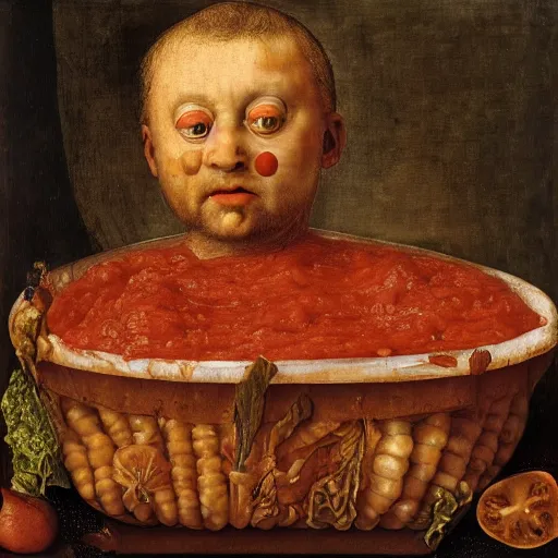 Image similar to a boy sitting in a tub full of tomato sauce, a lot of cabbage, by giuseppe arcimboldo and ambrosius benson, renaissance, portrait, fruit, detailed oil paint, high definition