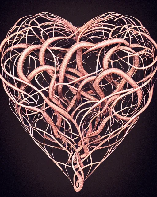 Prompt: rose gold heart, wrapped in vines, vray, deep black background, machine face, intricate, elegant, highly detailed, digital painting, prism highlights, c 4 d, artstation, cgsociety, concept art, smooth, sharp focus, telephoto, illustration, yoshitaka amano, 8 k