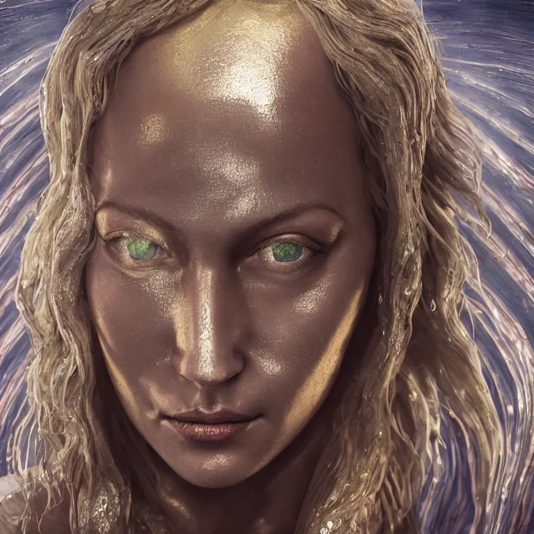 Image similar to octane render portrait by wayne barlow and carlo crivelli and glenn fabry, the face of a beautiful woman surrounded by waves of tie - dye colored shiny reflective liquid metal, cinema 4 d, ray traced lighting, very short depth of field, bokeh