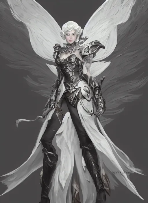 Image similar to a highly detailed illustration of white haired pale lady wearing dieselpunk armor dress with iron wings and blindfold, dramatic floating pose, intricate, elegant, highly detailed, centered, digital painting, artstation, concept art, smooth, sharp focus, league of legends concept art, wlop