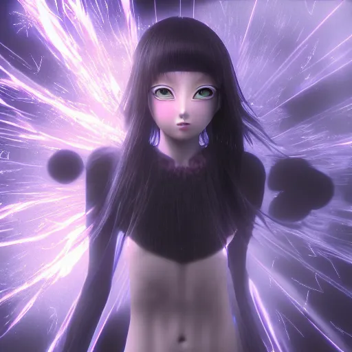 Image similar to photorealistic full shot of masterpiece dark anime girl, posing, electric aura with particles, snowing frozen ice, darkness background, inspired by masami kurumada, akira toriyama, detailed, unreal engine 4 k, volumetric light, fog