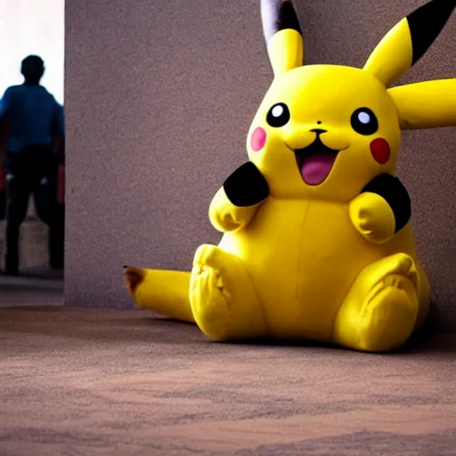 Prompt: found footage still of giant deformed pikachu emerging from the shadows