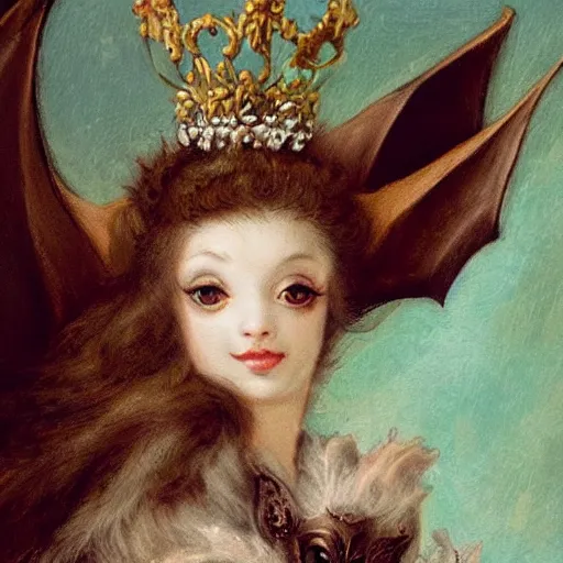 Prompt: a lovely gorgeous rococo wind furry bat, with lovely eyes, lovable, with a gorgeous crown
