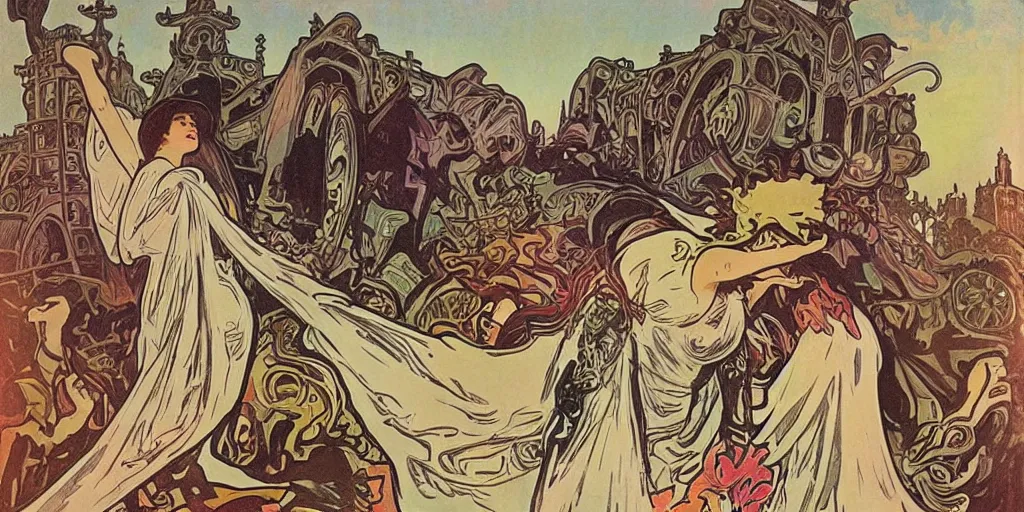 Image similar to monster truck rally, Alphonse Mucha