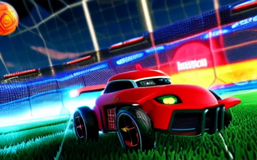 Prompt: rocket league goal, car soccer, ball exploding, dramatic lighting, moody lighting, muted color, 4 k, hq, octane render, dynamic angle, marketing, promotional.