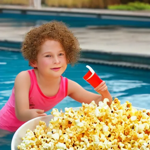 Prompt: kid with curly blond hair In a pool of popcorn