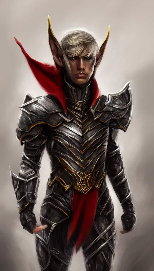 Prompt: A medium shot portrait of a male elf, he is about 20 years old, attractive, lean but muscular, serious composure, short silver hair, prideful look, he is wearing black heavy armor with gold plating and a red cape, highly detailed portrait, digital painting, ArtStation, concept art, smooth, sharp focus illustration