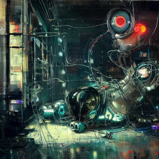 Image similar to robot cyborg cat, many wires and neon lights exposed, metal and glowing eyes, highly detailed painting by jeremy mann