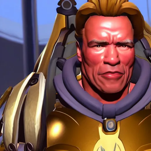 Image similar to a screenshot of arnold schwarzenegger as mercy in overwatch