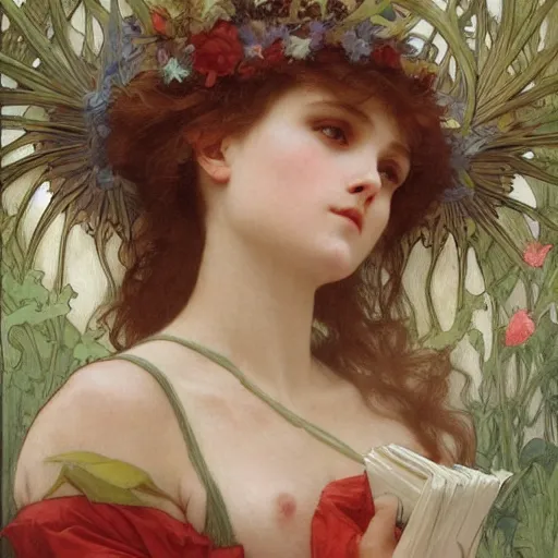 Prompt: Bouguereau and Mucha are all excited to be trending on Artstation