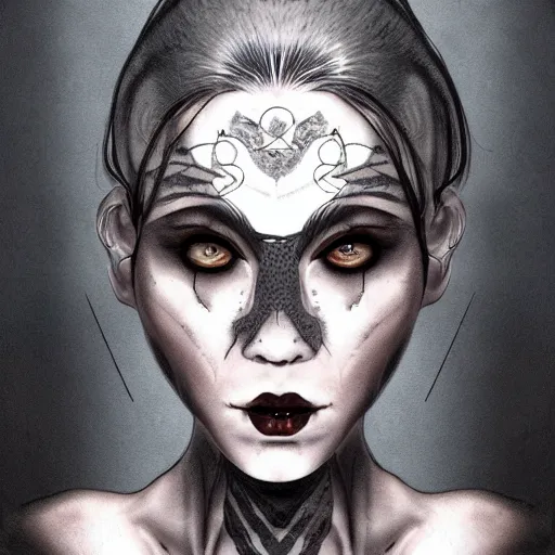 Prompt: Hot young woman with grey skin, void eyeballs, tattoos, and wearing leather concept art