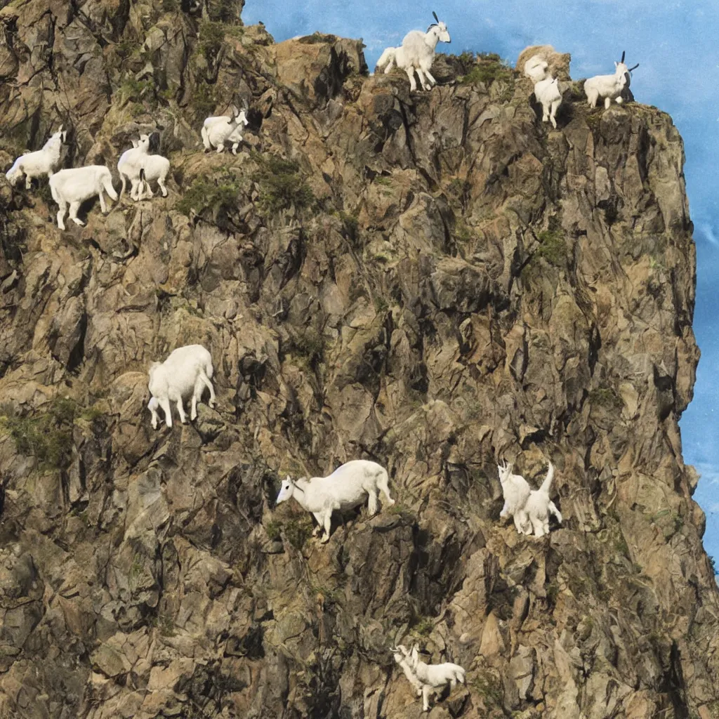 Prompt: mountain goats on a sheer cliffside, dr. suess