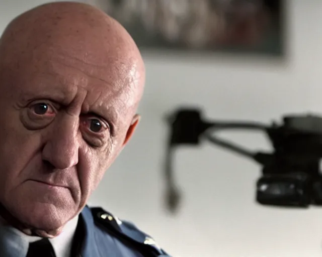 Image similar to mike ehrmantraut as a police officer, cinematic lighting, atmospheric portrait cinematography