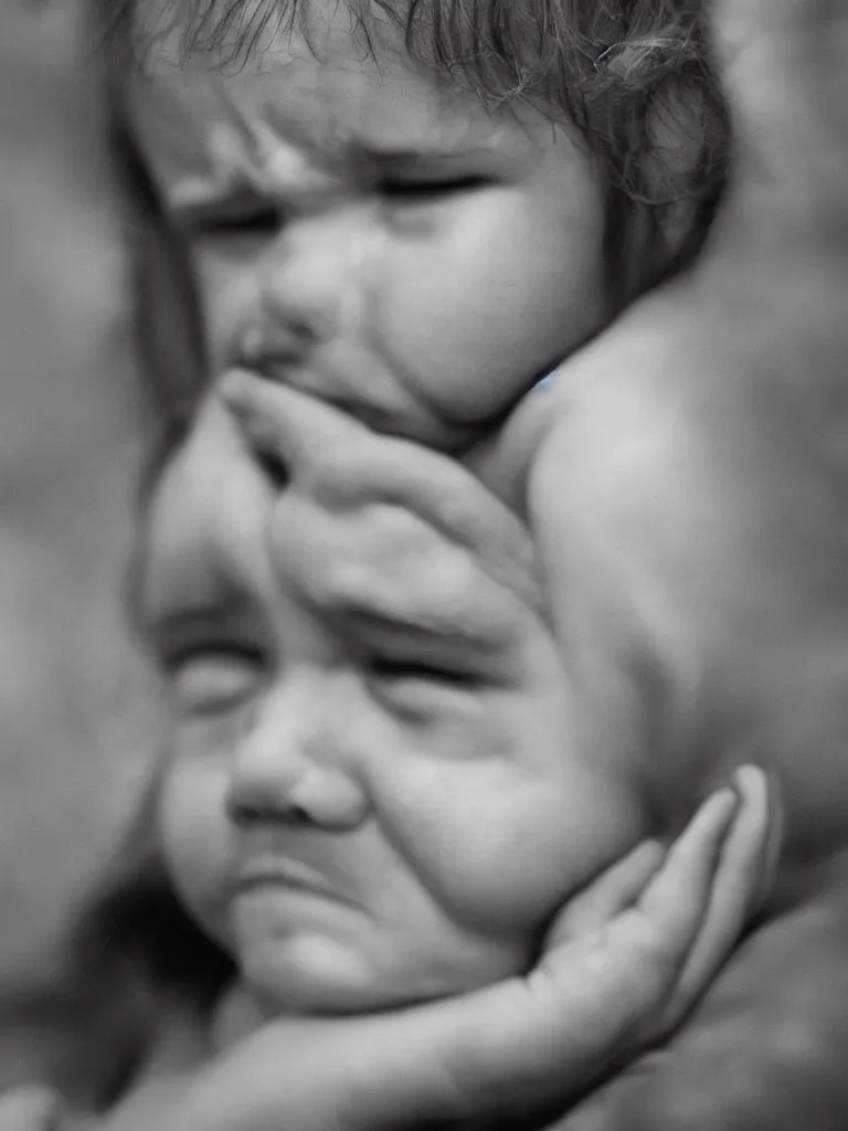 Image similar to High resolution black and white portrait with a 35mm F/5.0 lens of a single child, single head, from Soviet Russia with eyes closed with a sorrowful face about to cry.