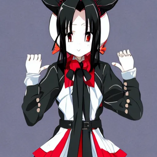 Image similar to a “red-eyed black-haired anime fox girl” “wearing black fingerless-gloves, high-waist-black-skirt, white-collared-shirt blue-open-jacket, black-necktie”, “unsheathing her katana”, white background, visual-key, anime illustration, pixiv, anime-twitter