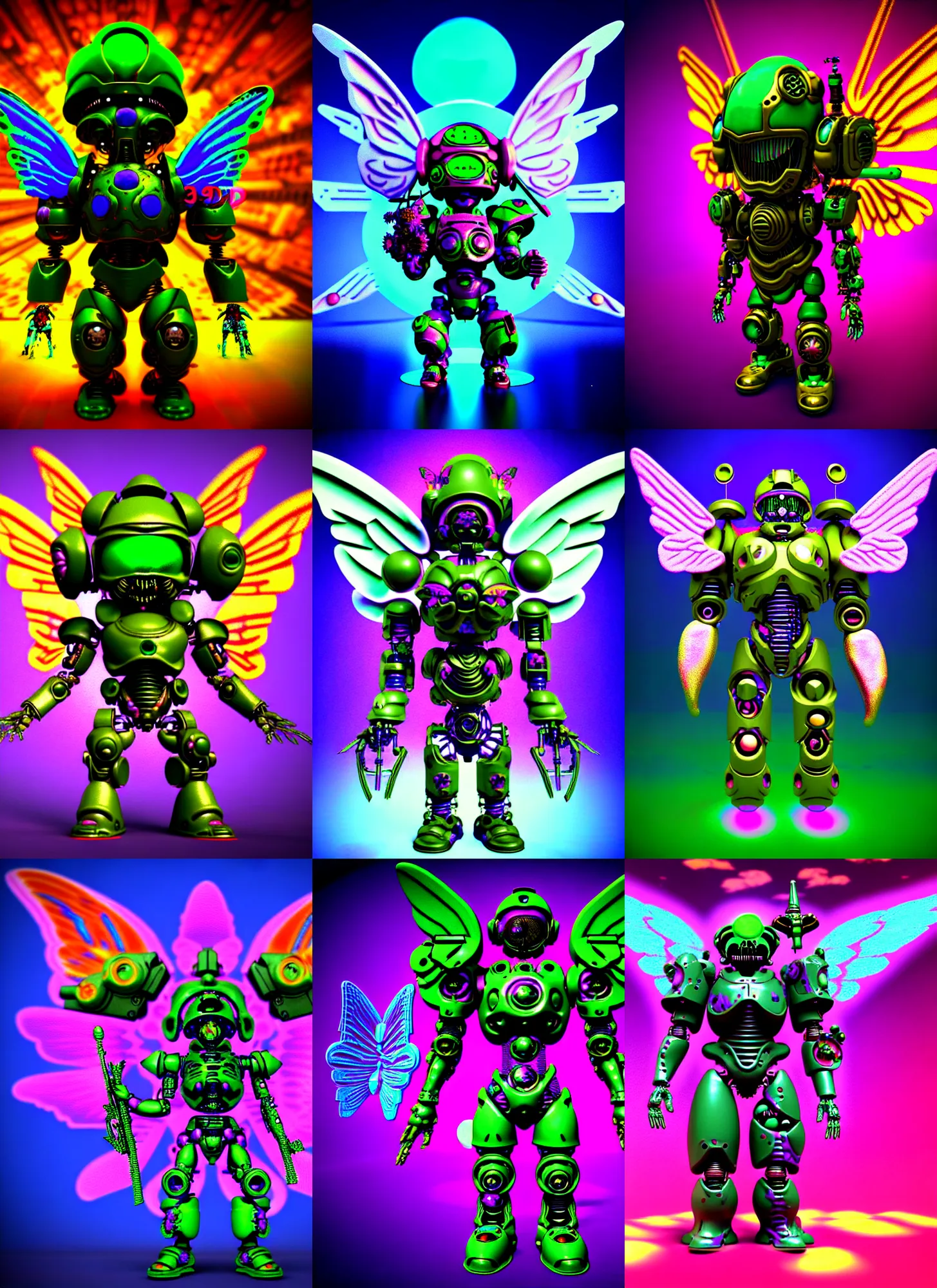 Prompt: 3 d render of chibi clock cyborg doom slayer marine cyborg sprite with angel wings against a psychedelic surreal background with 3 d butterflies and 3 d flowers n the style of 1 9 9 0's cg graphics 3 d rendered y 2 k aesthetic by ichiro tanida, 3 do magazine, wide shot