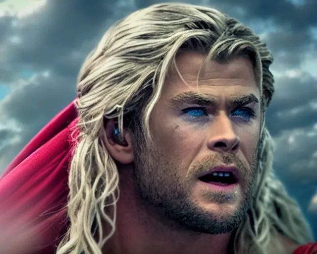 Image similar to chris hemsworth as thor with exaggerated drag queen makeup, cinematic shot, hyper detailed, cinematic