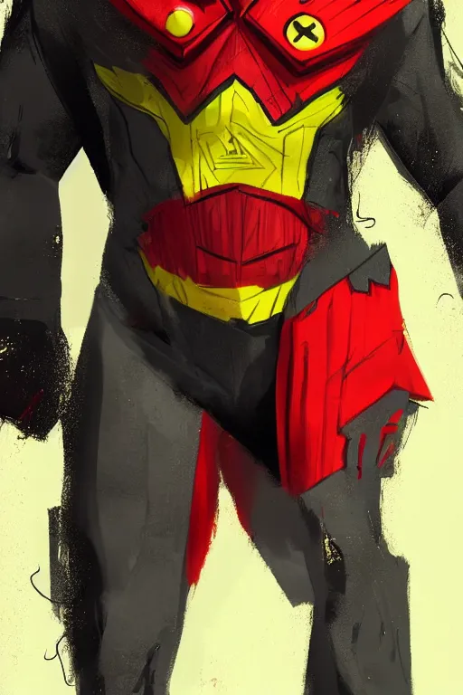 Image similar to a full body superhero concept he is wearing a yellow, red and black suit, concept art, trending on artstation, very detailed,