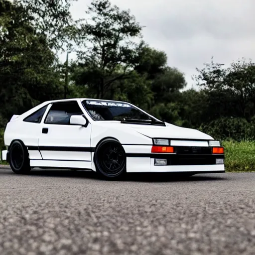 Image similar to white AE86 GT Apex Trueno in 2022 AE86 made in 2022 modern aggressive parked full view mid distance 45mm photo