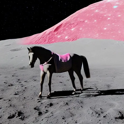 Prompt: “ a lathe dappled gray arabian horse riding on nasa astronaut back in a pink space suit on the moon ”