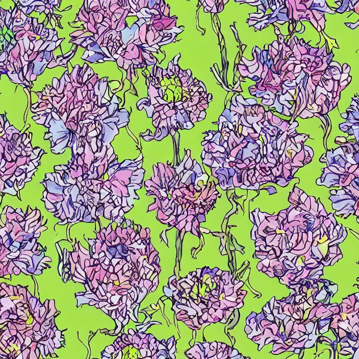 Image similar to tessellating hybrid organic flowers, by dr. seuss,