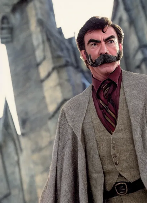 Image similar to film still of tom selleck as harry potter in harry potter, 4 k