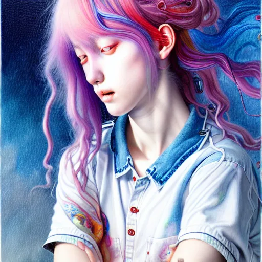 Image similar to a portrait of girl with rainbow hair white shirt, denim shorts, an ultrafine detailed painting by ayami kojima, cgsociety, fantasy, anime digital art, lovecraftian, cosmic horror, detailed painting