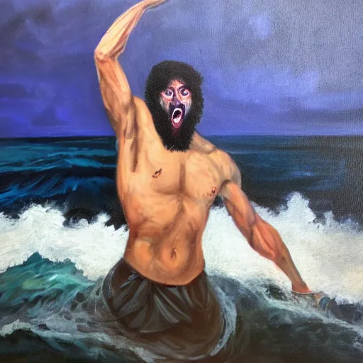 Image similar to portrait of proud and screaming Poseidon rising from the ocean, ready to fight with trident, oil painting, dark colors, sinister atmosphere