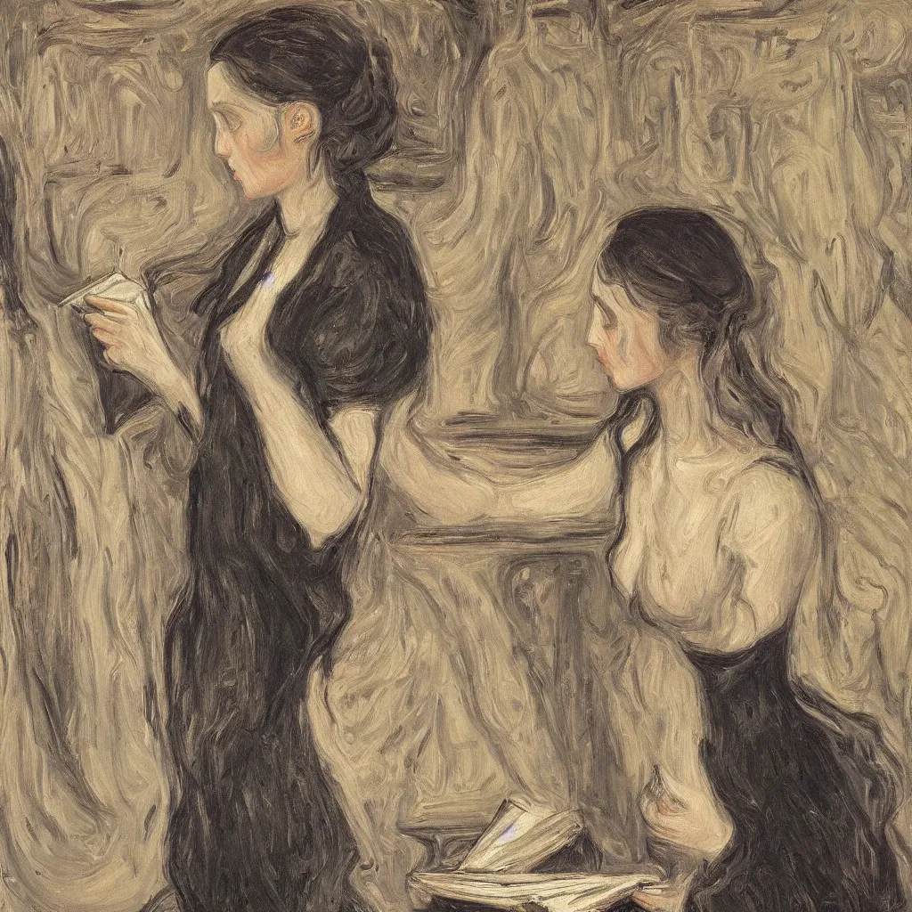 Prompt: a young woman reading, canvas, oil paint, ultra - wide angle, insanely detailed and intricate, hypermaximalist, elegant, ornate, hyper realistic, super detailed, gray, quiet, peace, artwork by edvard munch