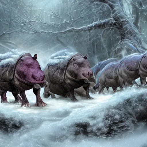 Image similar to fantasy art 4 k photo of hippos in plate mail armor ready for battle in a blizzard
