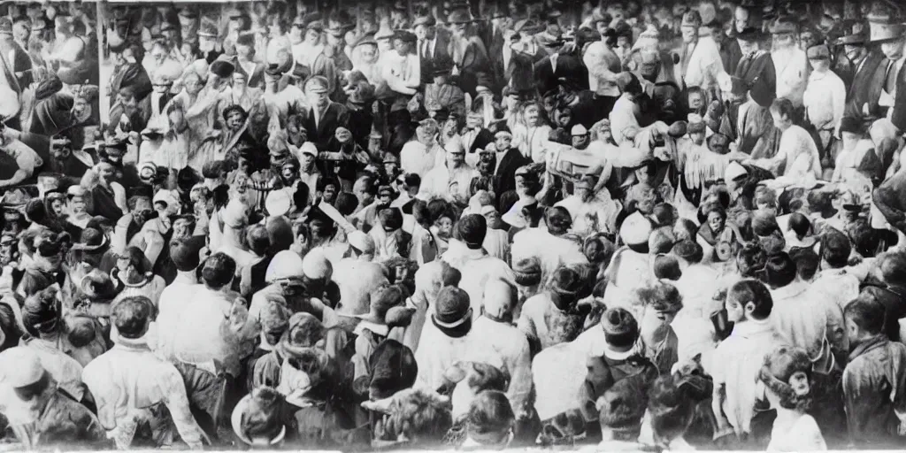 Prompt: black and white photo from the 1 9 2 0's of a pie eating contest with monster contestents making a horrible mess at the county fair