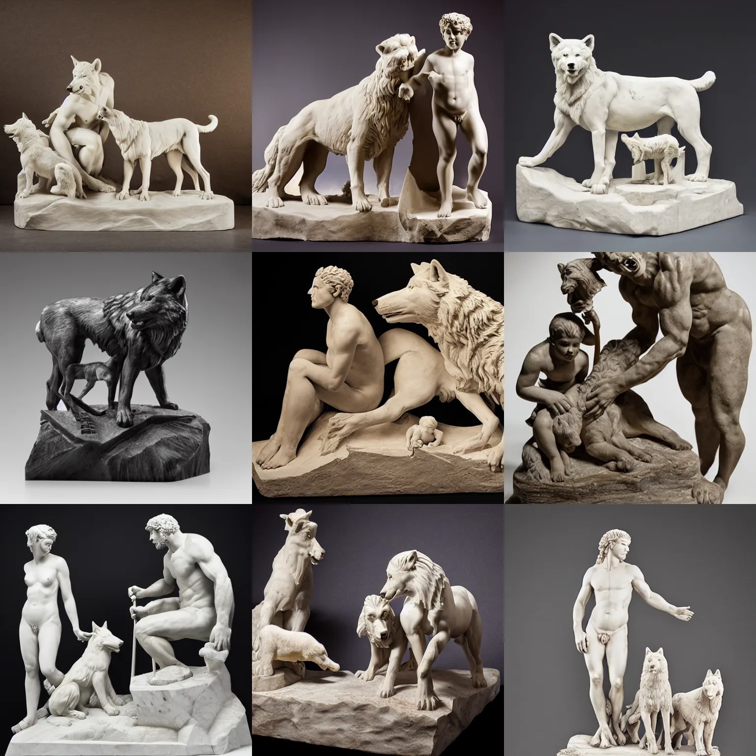 Prompt: marble carving of romulus and remus and wolf mother, studio lighting