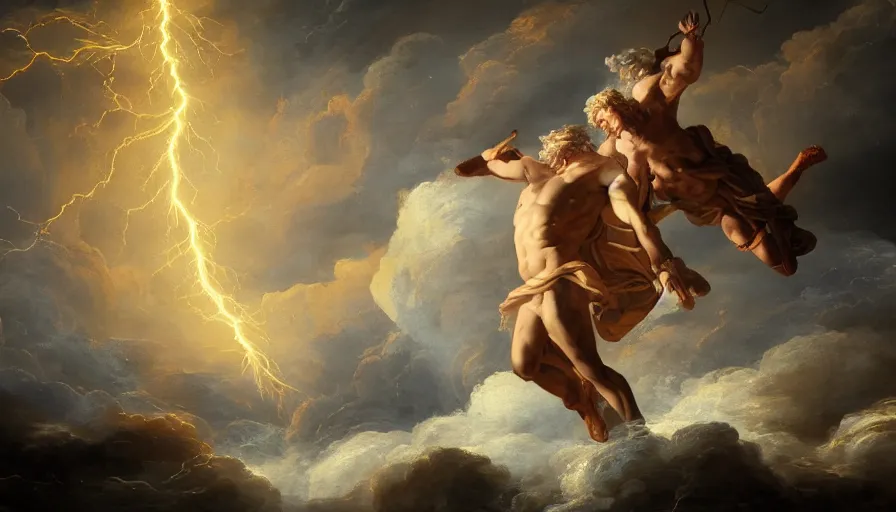 Prompt: baroque painting of zeus throwing lightning bolts on poseidon, hyperdetailed, artstation, cgsociety, 8 k