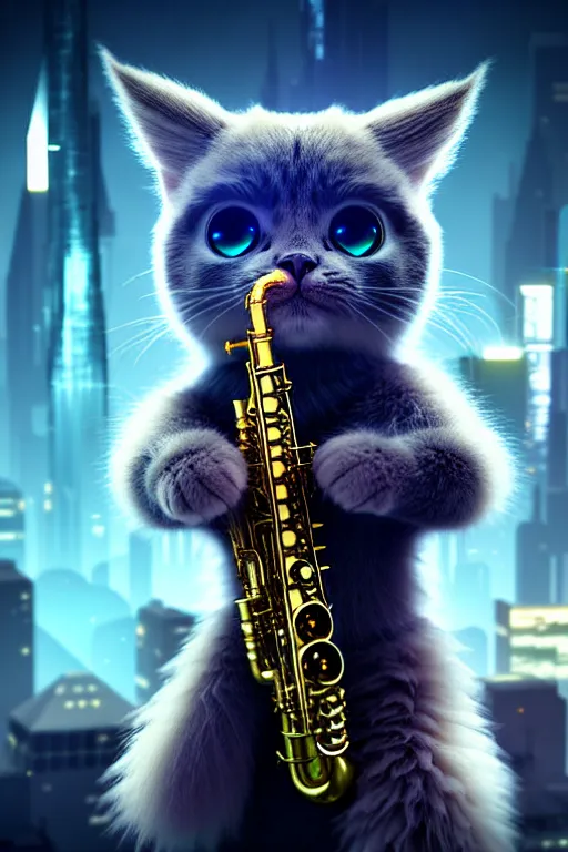 Image similar to high quality 3 d render very cute fluffy cyborg! cat plays saxophone, cyberpunk highly detailed, unreal engine cinematic smooth, in the style of blade runner & detective pikachu, hannah yata charlie immer, moody light, low angle, uhd 8 k, sharp focus