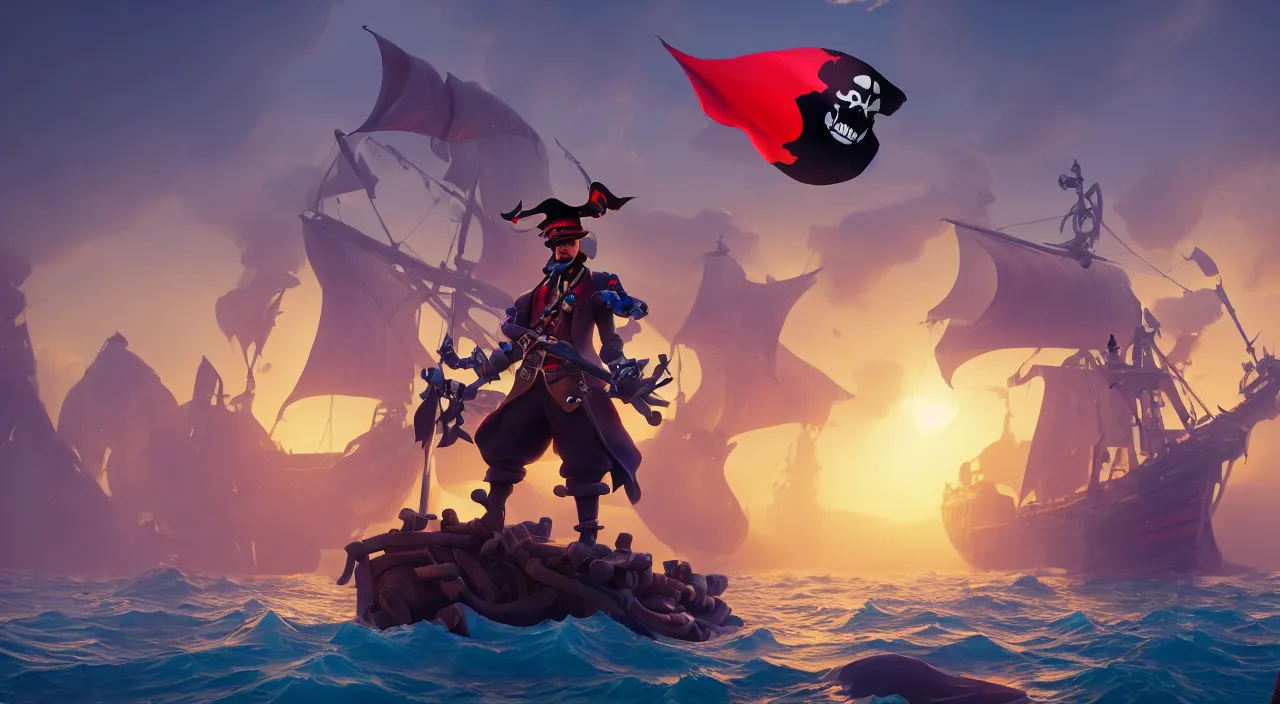 Image similar to a wide shot of a stylized 3D CGI fortnite pirate standing on the front of the ghost ship with the black Jolly Roger flag, the ghost ship is in the middle of the ocean, fantasy art overwatch and heartstone, by RHADS, cgsociety, artstation hq, octane render, 8k,