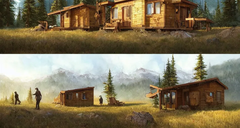 Image similar to cabela's beautiful comfortable self contained modular insulated wall container home kit - house all weather family dwelling tent house, person in foreground, mountainous forested wilderness open fields, beautiful views, painterly concept art, environmental concept art, concept art illustration, by james gurney, by craig mullins, by greg rutkowski trending on artstation