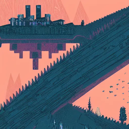 Image similar to detailed cyberpunk illustration of steep long zig - zag path to an evil sharp castle over a high dark blue hill, orange to pink gradient sky and thunderstorm background. forest underneath