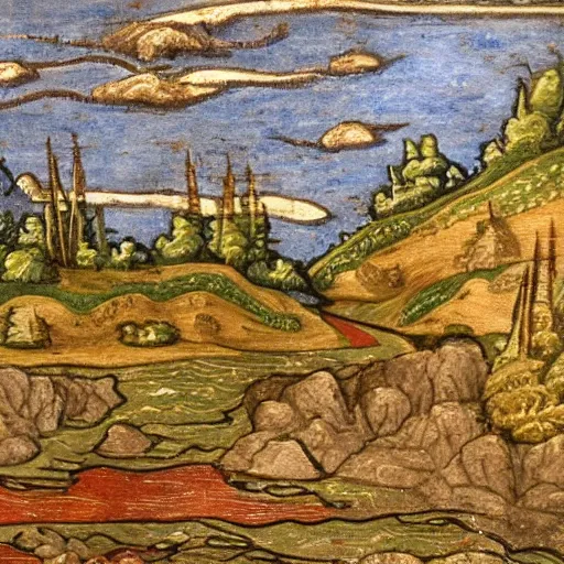 Prompt: A landscape of a river in a medieval art style