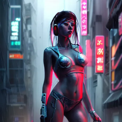 Prompt: An epic comic hyperrealistic painting of a cyber warrior girl, attractive, faces and details painted by WLOP, cyberpunk style color, heavy rainning at tokyo street night, neon lights all around, Matte painting, smoke, cinematic lighting, corona render, arnold render, movie concept art, 8k, RPG portrait, Concept world, rim lights, phtotrealistic, hdri